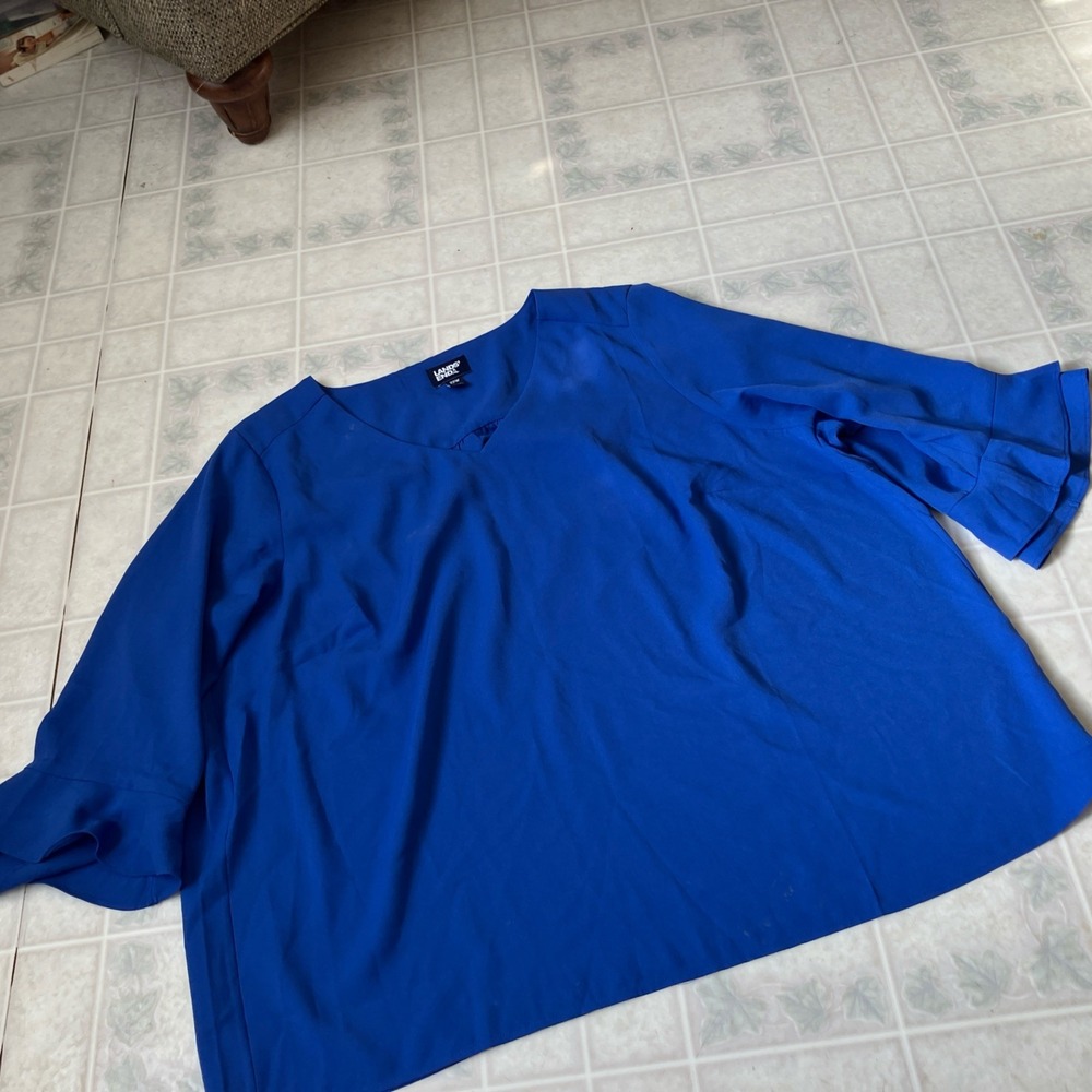 Lands' End Blouse 22W Cobalt Blue V Neck Ruffle 3/4 Sleeve Blouseโ Lightweight